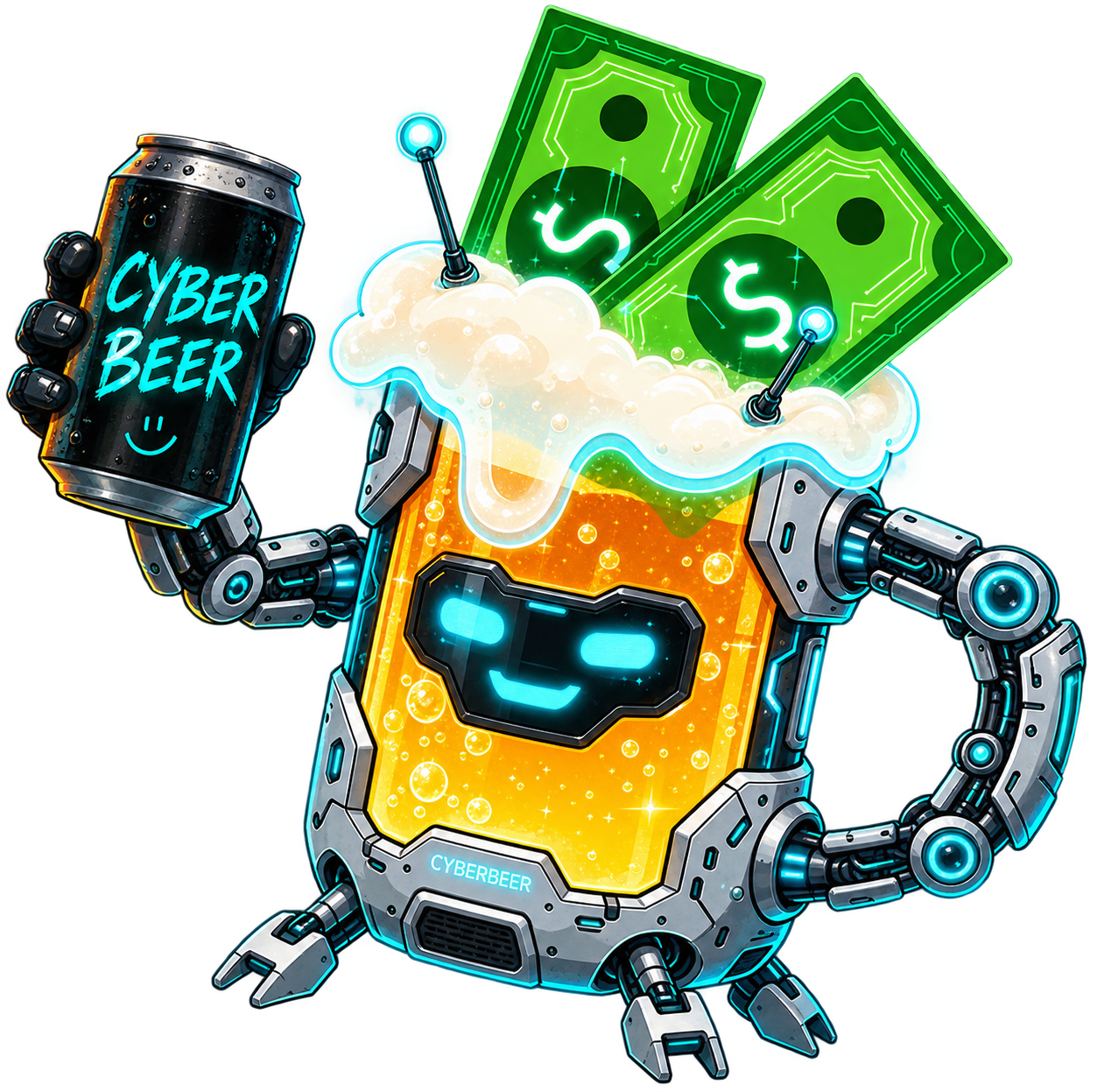 cyberbeer robot agent holding a can